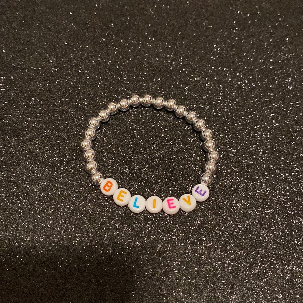 Girls faux silver beaded stretch believe bracelet